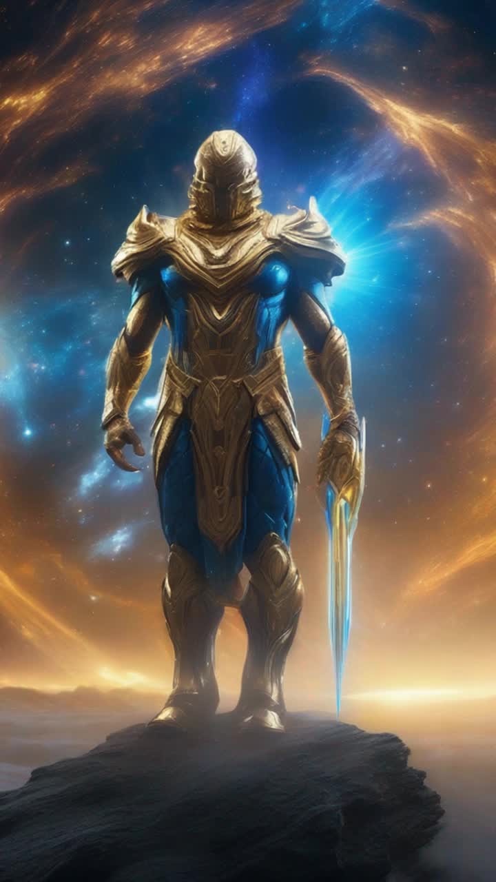 Majestic celestial warrior radiating divine power standing tall surrounded by shimmering ethereal light imbued with vibrant energy preparing to unleash awe-inspiring abilities crashing through the cosmic void swirling with vibrant galaxies and cosmic dust glowing with hues of blue and gold enveloping the scene creating a sense of profound serenity and potential as the universe awaits restoration