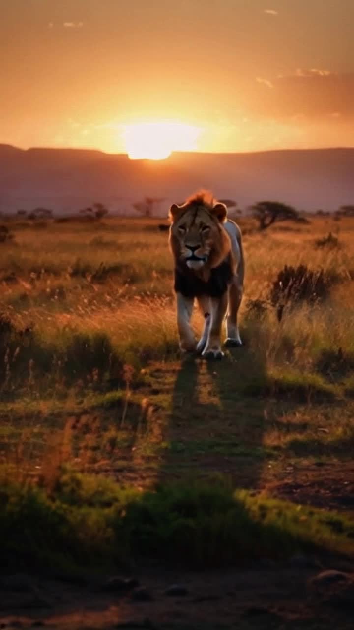 Majestic lion with a golden mane regal and powerful prowling through an African savannah searching with keen eyes for adventure vibrant sunset casting warm hues across the horizon tall grass swaying in the gentle breeze distant mountains silhouetted against a fiery sky creating an epic backdrop whispers of wildlife echoing around showcasing the raw beauty of nature
