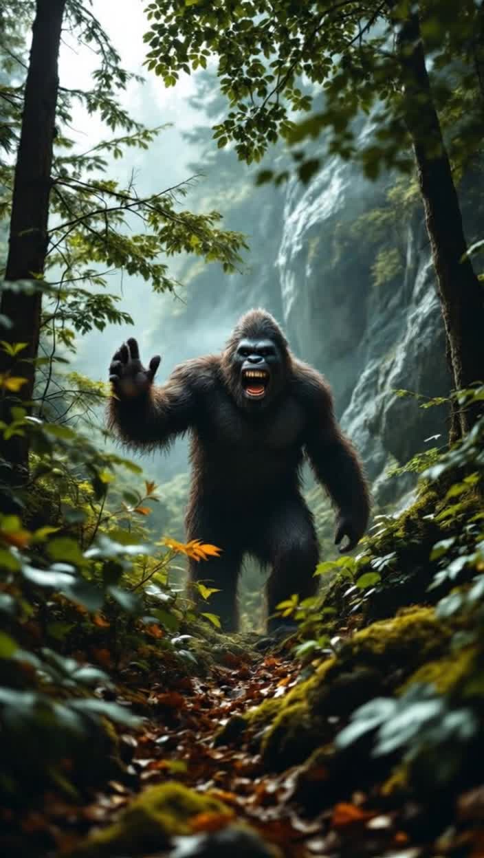 An extreme solo hiker is being pulled into forest around Mt Shasta by a smiling bigfoot creature that waves at the camera that films this and the cameraman is filmed by other cameras and people all giving each other the thumbs up and smiling excitedly