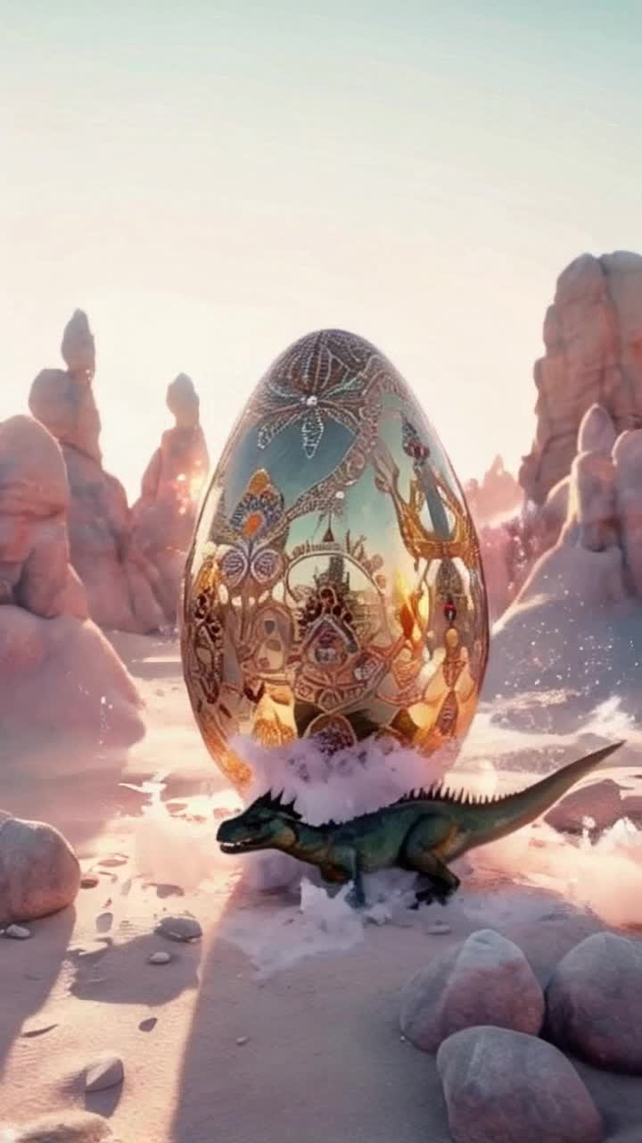 Giant intricately designed Easter egg adorned with vibrant patterns glistening under soft golden light Small adorable dinosaur breaking free from its shell with delicate movements Surreal wasteland filled with abstract rock formations in soft pastel hues watercolor splashes blending seamlessly ethereal atmosphere surrounding the scene whimsical fantasy world inviting viewers into a mesmerizing 4k realm trending on art platforms inviting awe and imagination