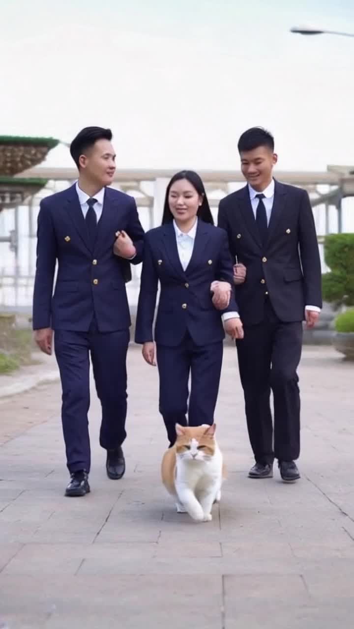 Cat kitty kitten people walking wearing matching uniform cats kittens kitties wear uniforms