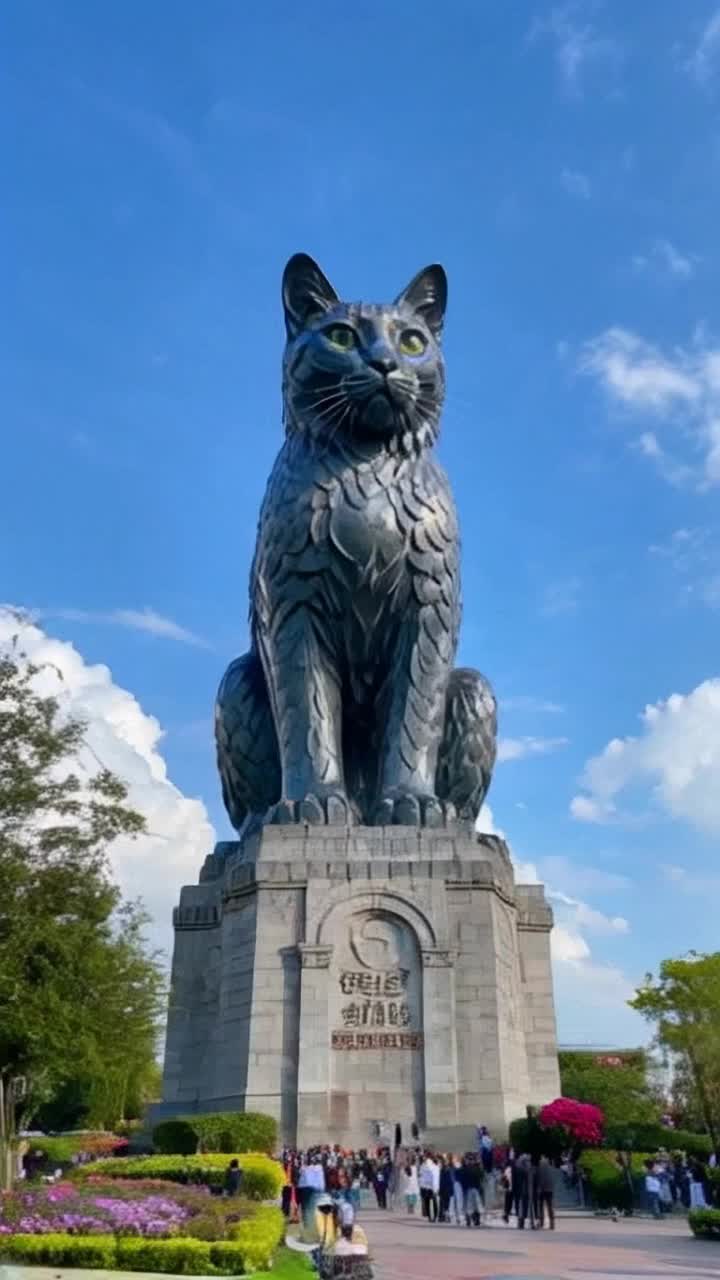 Majestic 60foot tall statue of an intricate giant cat with glistening eyes and detailed fur patterns perched regally on a stone pedestal, Curiously observing bustling crowd of tiny people below who gaze in awe and admiration, Lush green park surrounding the statue filled with vibrant flowers and delicate trees under a bright blue sky with fluffy clouds adding a serene atmosphere