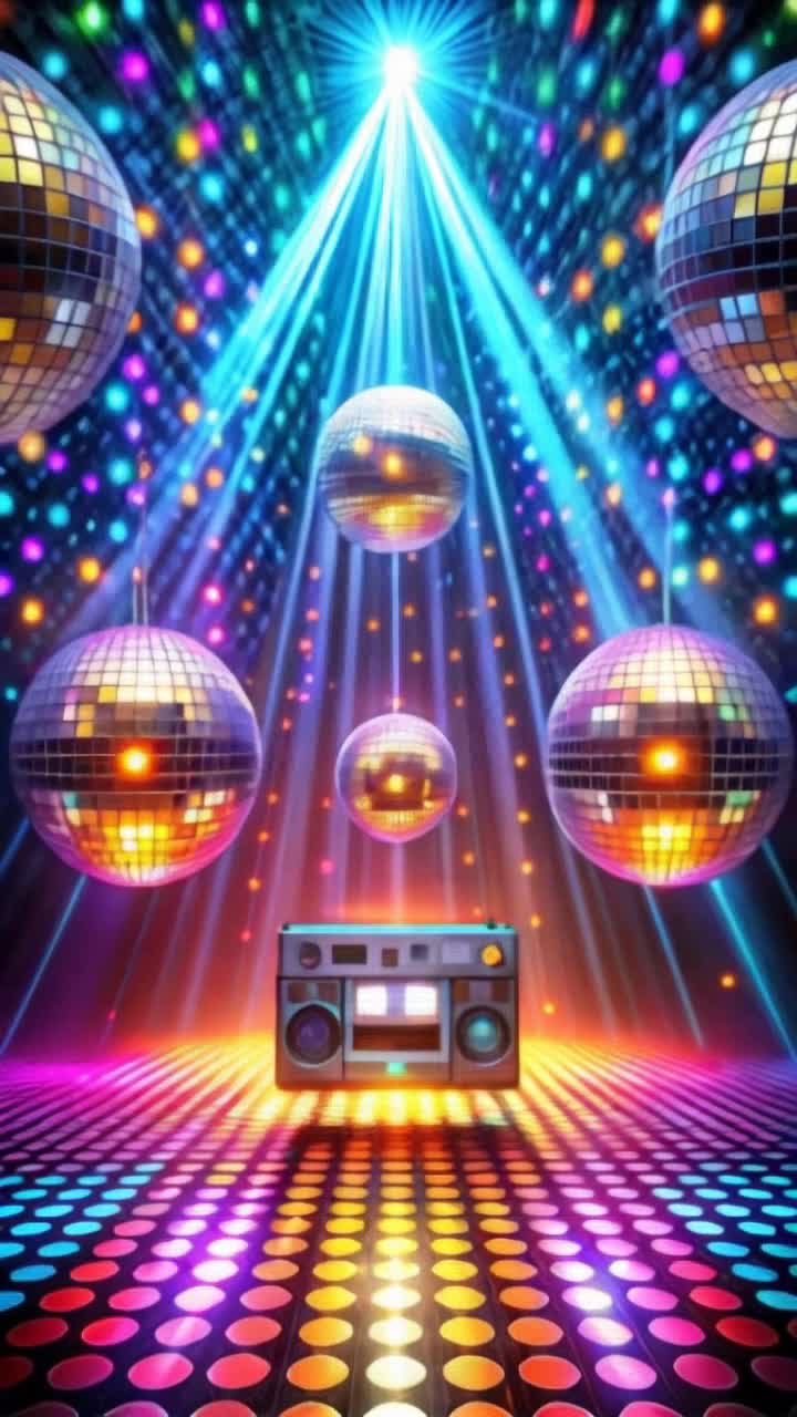 spinning disco balls, flashing lights
