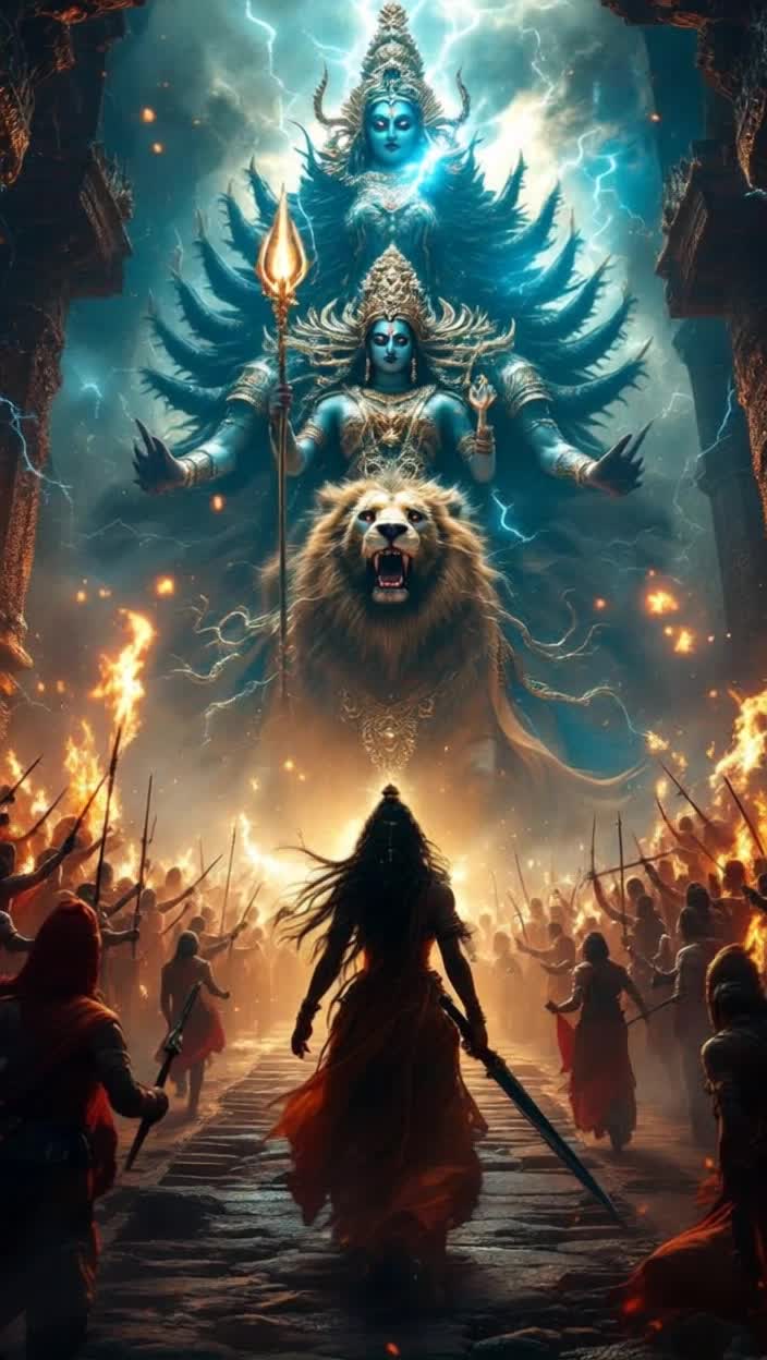 Mighty Mahishasura towering in a grand chaotic palace surrounded by trembling asura soldiers filled with fear Radiance of Goddess Katyayani arrives riding a majestic lion exuding divine calmness Wielding a shimmering trident and a sharp sword Shadows flicker as Mahishasura bellows with arrogance demanding to know her whereabouts While fierce winds and swirling dust envelop the battlefield thunderous challenges echo amidst clashing forces Lightning strikes illuminate the scene during their brutal duel as fireballs blast through the air Goddess Katyayanis eyes gleam with purpose as she declares his fate With a final sweeping strike