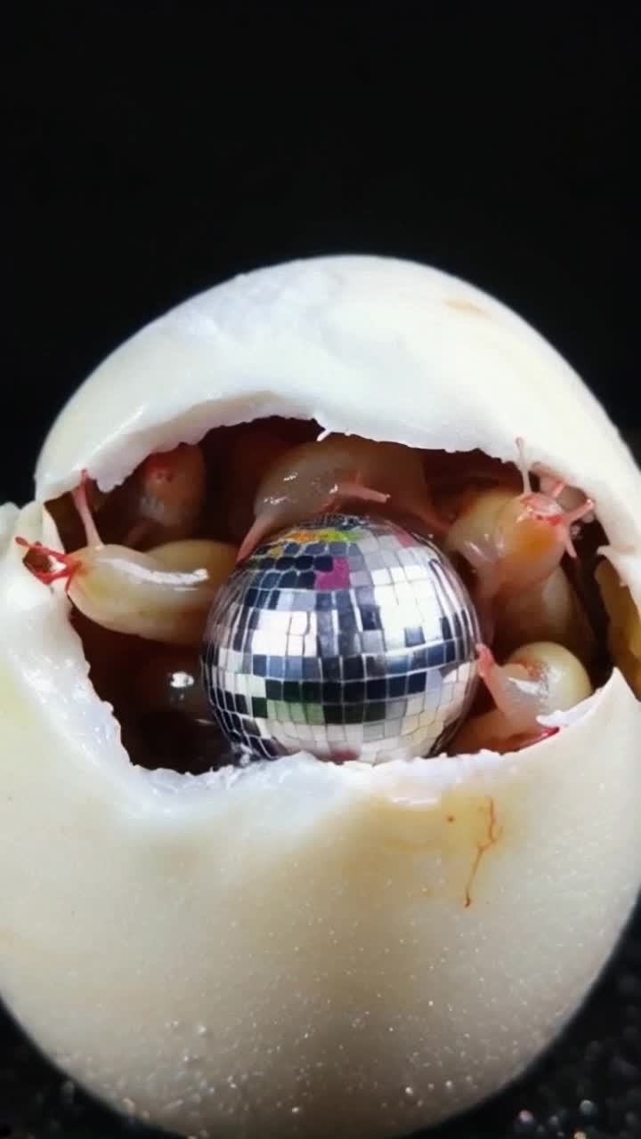 Egg hatching to expose that inside is a tiny disco full of miniature snails