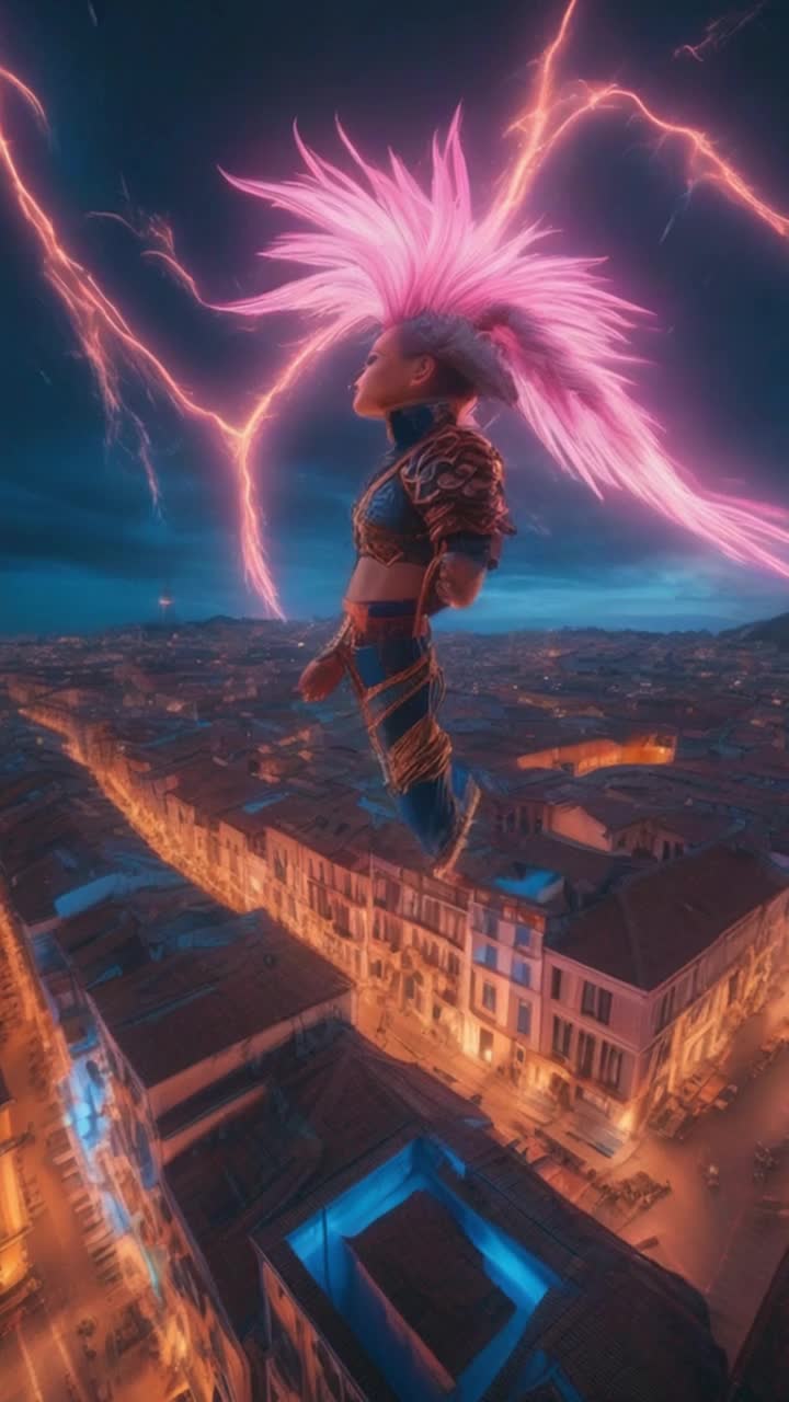 High vibrational warrior with spiky hair radiating energy Soaring through the sky with powerful grace Neon moody Venetian lighting flickering in an ethereal twilight backdrop Atomic blue energy crackling around creating a stunning visual spectacle over ancient rooftops