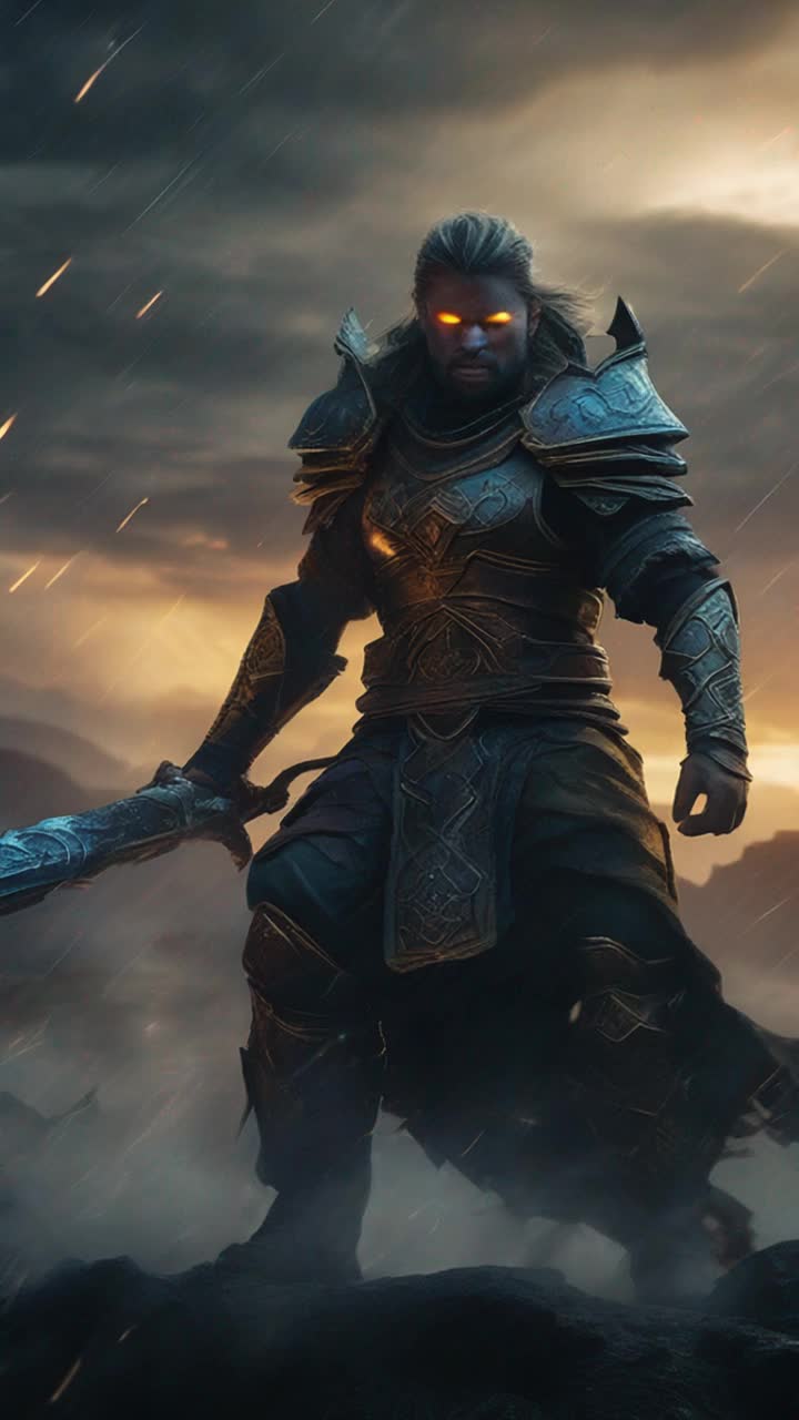 Chosen warrior with radiant armor exudes fierce determination Channeling energy into radiant blast aiming at dark demon's core Surrounded by ominous shadows and swirling mists of a battle-scarred landscape Glowing sigils illuminate the ground revealing ancient runes Echoes of a climactic struggle reverberate through the air as storm clouds gather overhead