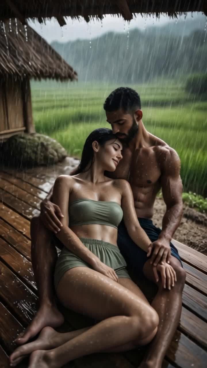 heavy rain, man hugs woman tightly romantically