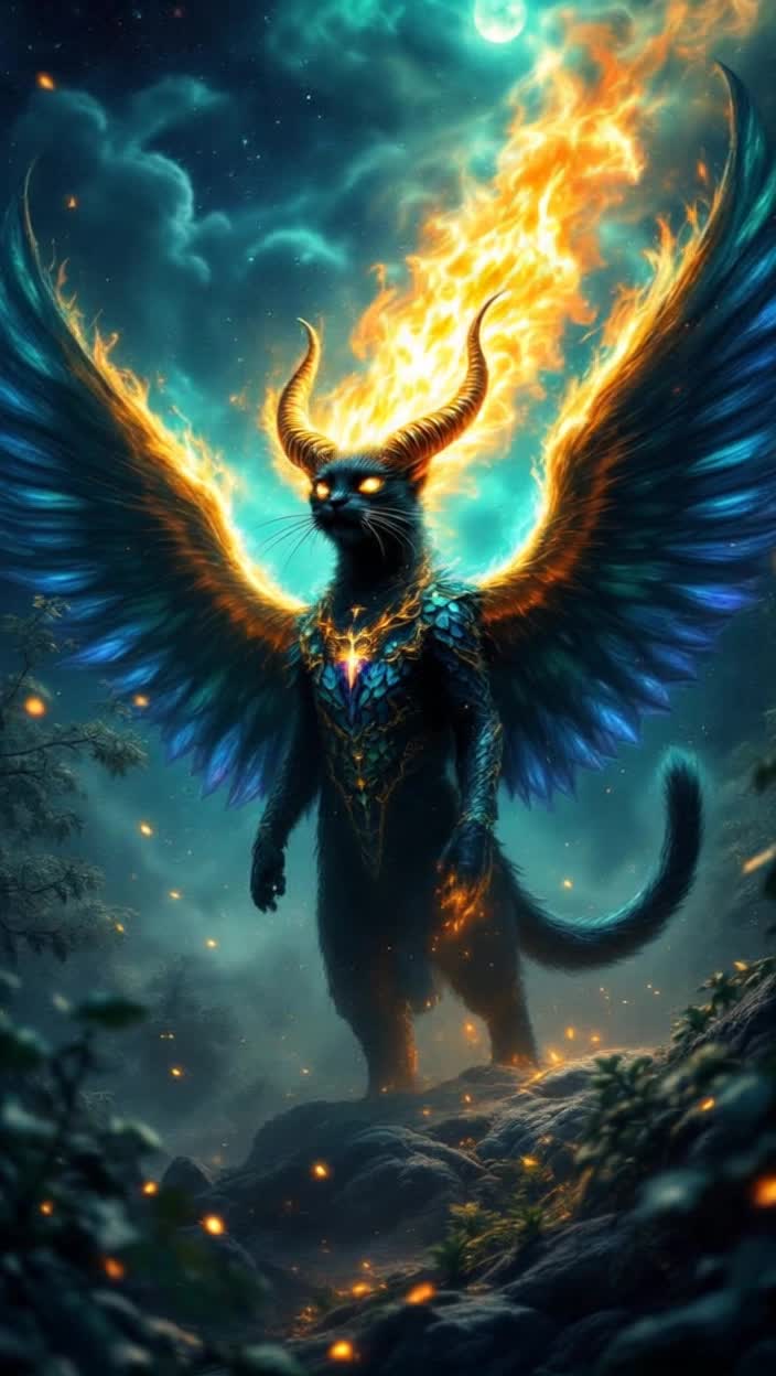 Sleek black cat shimmering with magic scales unfurling massive iridescent wings stretching wide arching horns spiraling upwards exhaling roaring flames bursting into the night sky full of twinkling stars swirling emerald clouds moonlight illuminating the transformation dazzling colors blending in a mystical dance vibrant hues crackling with energy enchanting atmosphere crackling with anticipation as shadows leap and flicker enchanting the forest floor filled with ancient trees whispering secrets of the night