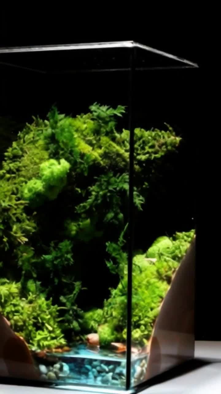 Within the cube, lush ferns unfurl triceratops dinosaur herd moving through the vibrant green mosses carpet the miniature prehistoric terrain and cling to any rocklike surfaces Cascading vines drape gracefully, their leaves creating hanging curtains of green Tiny, broadleafed plants and big and small, exotic dangerous species of prehistoric era moving in background intricate color and texture detail the foliage is dense and varied, suggesting a humid, thriving microrainforest atmosphere with multiple layers of growth and dinosaur species