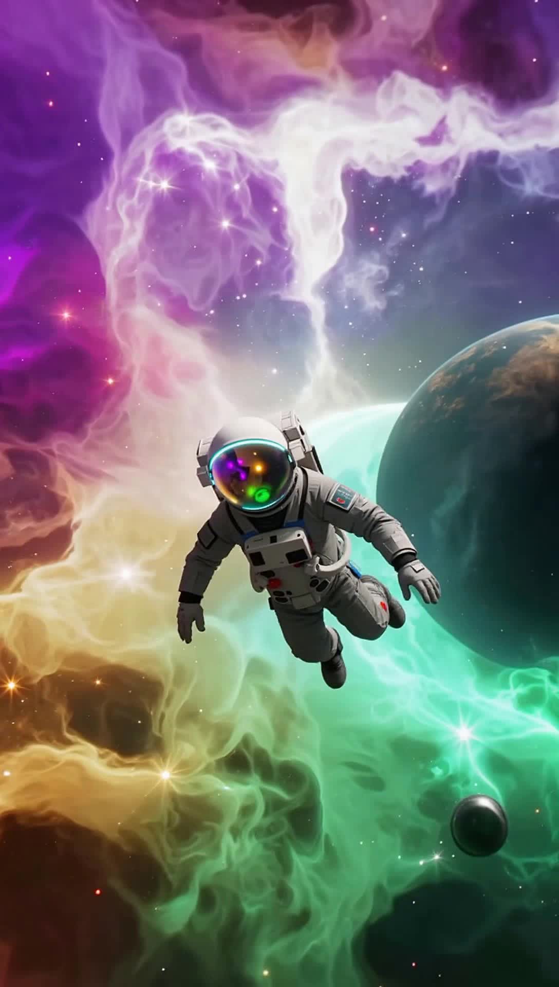 Lone astronaut gliding weightlessly through swirling cosmic colors Radiant galaxies pulsating with hues of violet emerald and gold Surrounding stars twinkling like distant dreams Soft lofi beats echo through the vastness creating a serene atmosphere Floating gently past celestial bodies drifting through a tranquil universe infused with artistic wonder