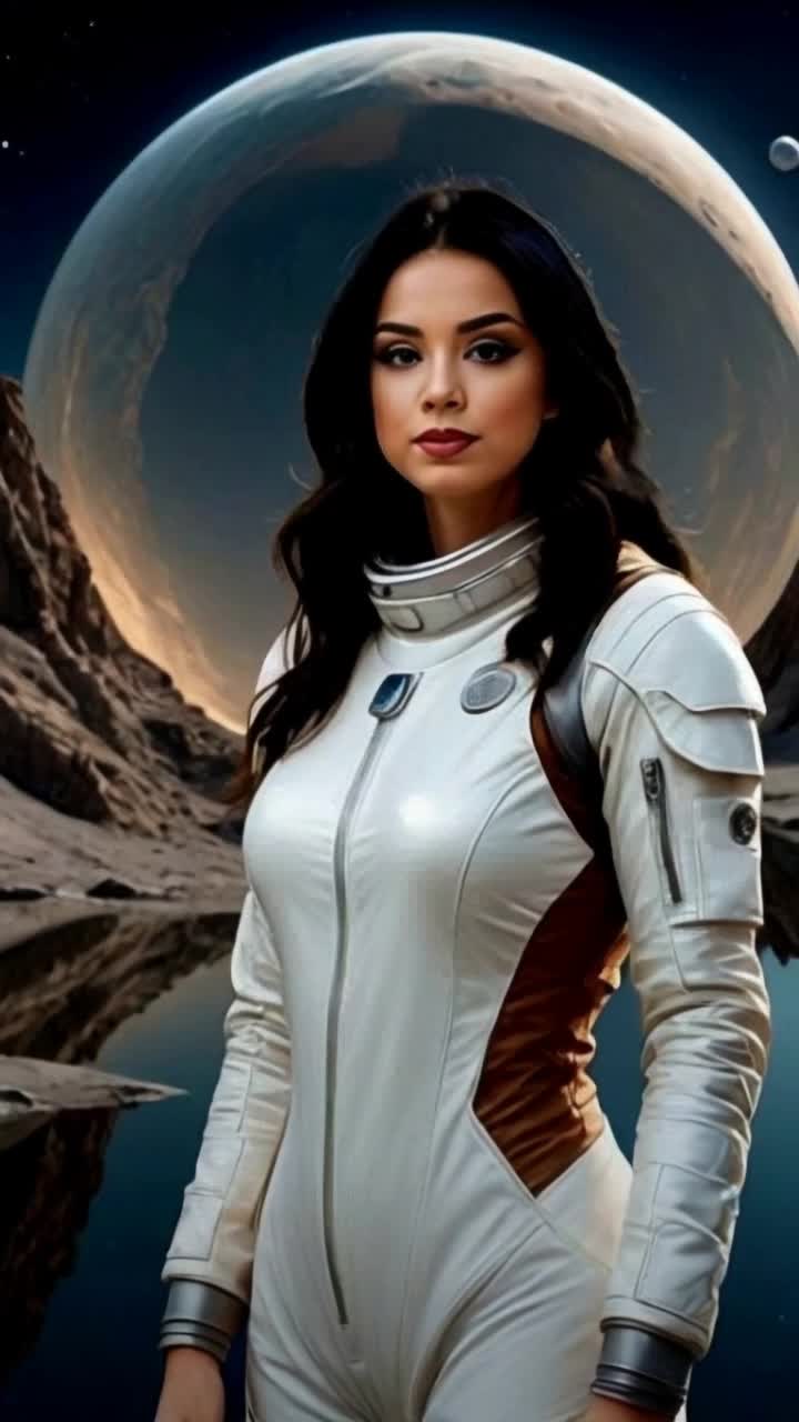 Stunning elegant woman astronaut  in a sleek silver suit gazes with wideeyed wonder at her surroundings Vibrant alien flora glistens under a kaleidoscope sky filled with swirling colors and distant stars Unfamiliar crests of mountains rise majestically in the distance as shimmering lakes reflect the dazzling light of three radiant suns illuminating the entire landscape
