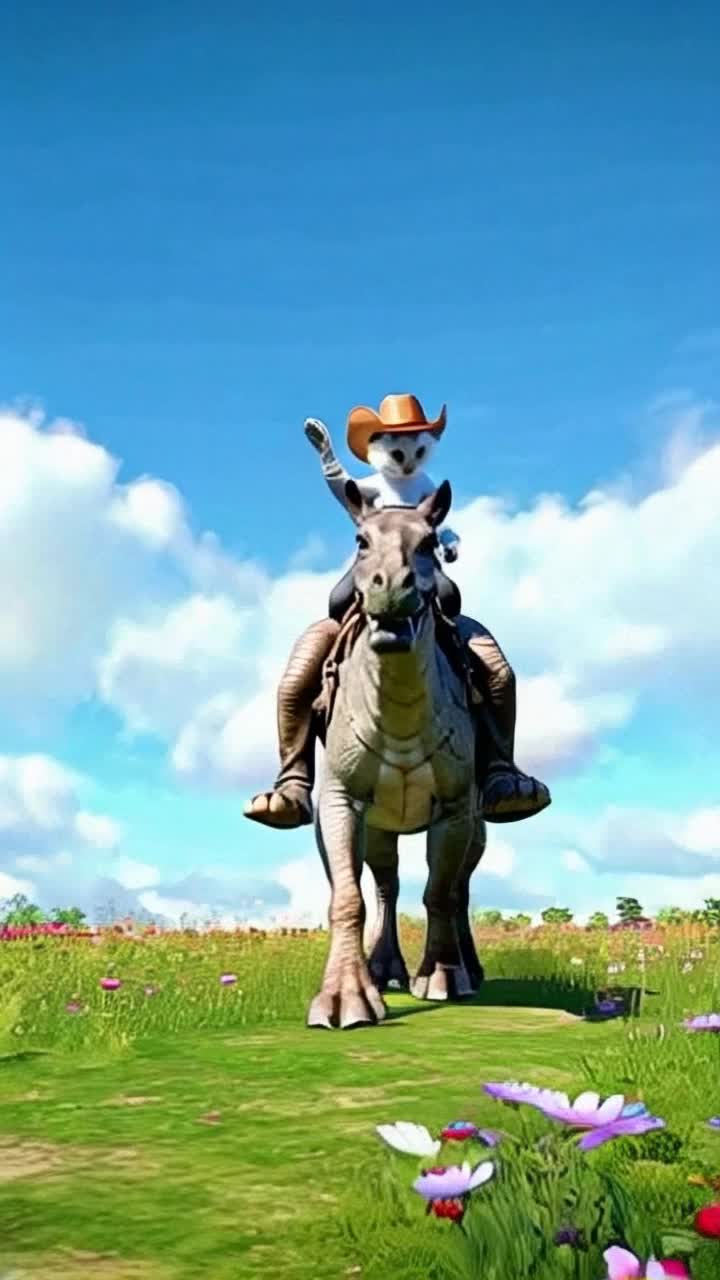 Fluffy orange kitten sporting a tiny cowboy hat perched confidently atop a roaring Tyrannosaurus Rex resembling a gallant steed joyful expression lighting up its face Kitten waves cowboy hat gleefully as they charge forward Vibrant western plains stretching endlessly around them wildflowers swaying in a gentle breeze golden sunlight pouring down vast open sky dotted with fluffy clouds exhilaration radiating from both unlikely companions as they race together through spectacular landscape The 4 legged TRex rears back on hind legs for front hooves to circle like a horse would as the cat swings cowboy hat like in a western, to run through the meadow