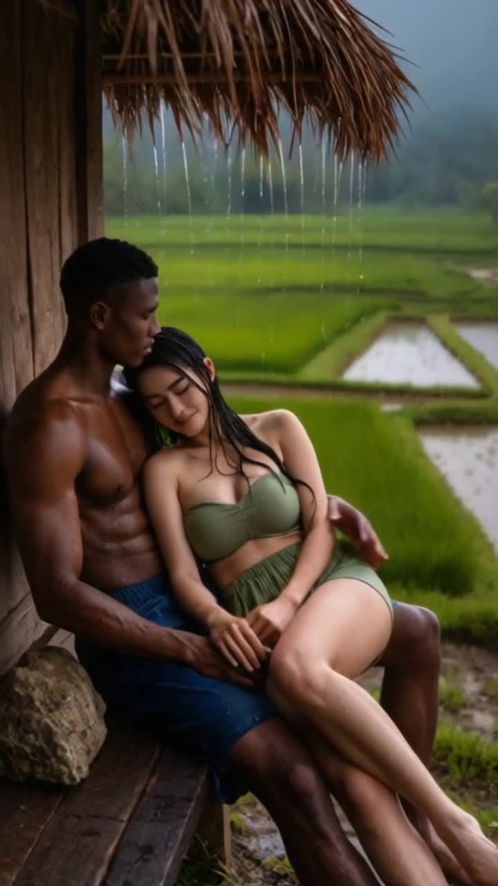 heavy rain, man massages woman gently