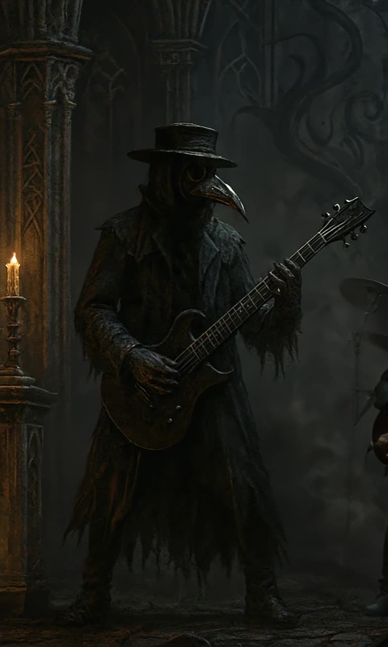 A dark gothic metal band bobbing heads rapidly and unison as they plays an erroneous point truth of deception in melodic irony, explosion of amazing gothic style pyrotechnics displays behind and around the band as they perform in eerie spectacle