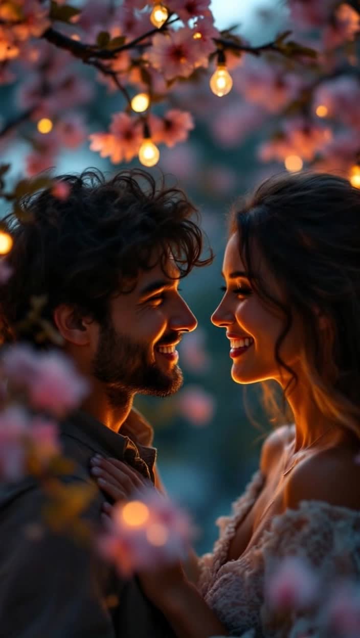 Two figures intertwined in a moment of connection exchanging knowing glances sharing laughter sparkling eyes filled with warmth and curiosity building trust with every subtle gesture creating an atmosphere of emotional intimacy. Gentle music envelops the scene lighting softly illuminating their faces highlighting the tender chemistry as they explore a blossoming relationship surrounded by a vibrant setting of blossoming flowers and twinkling fairy lights flickering softly in the evening air