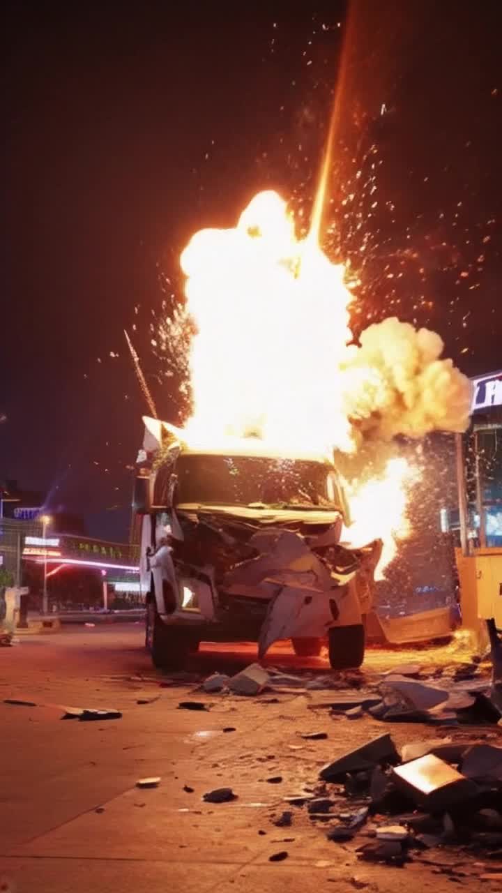 Realistic Tesla Cybertruck exploding, engulfed in fiery chaos shattering the air with explosive force billowing debris flying in all directions vivid flashes illuminating the scene slow motion capturing every moment of destruction twisted metal and shattered glass contrasting with sleek contours of the vehicle urban landscape in disarray smoke plumes swirling against a backdrop of dimming skyline neon lights flickering adding an eerie glow chaos unfolding in a once peaceful street dynamic energy erupting from the iconic vehicle itself