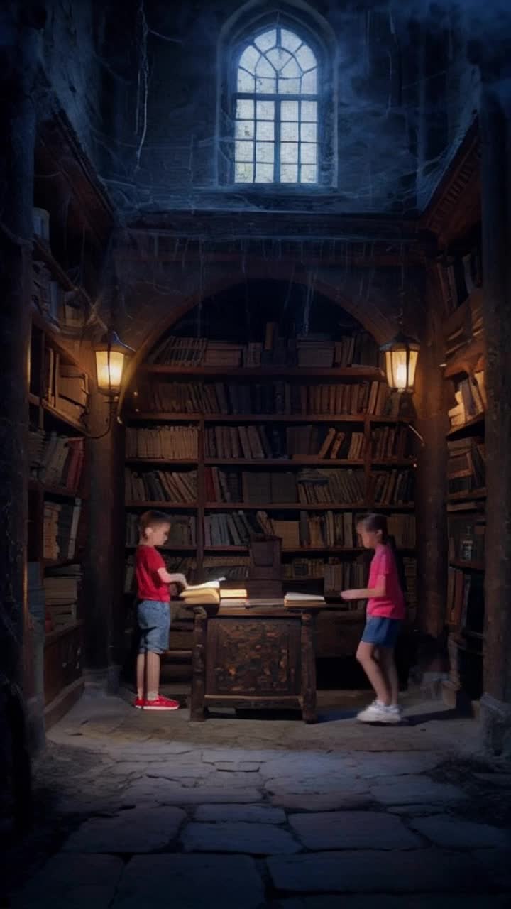 Muku, a cheerful boy with brown hair, a red Tshirt, blue jeans, and red sneakers, and Kuni, a lively girl with a pink top, blue shorts, and white sneakers, step into an ancient, dusty library The room is dimly lit with flickering lanterns, cobwebs hanging from high shelves filled with old books, and broken windows letting in faint moonlight A glowing book lies open on a table, its pages softly shimmering Ultra HDR, dramatic lighting, intricate details, cinematic mysterious tones