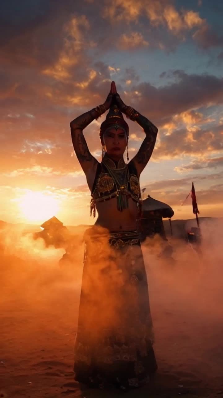 Mysterious figure with intense eyes dressed in flowing traditional garments stands boldly against vibrant sunset sky Hands raised as if invoking ancient spirits, revealing intricate tattoos glistening with gold Surrounded by swirling clouds of colored dust, capturing the essence of an energetic celebration Shadows dance around as golden light spills, illuminating swirling patterns in the air Soft sounds of traditional instruments echo in the distance, creating an atmosphere rich with culture and anticipation Each movement radiates confidence and a deep connection to the past, inviting viewers into a world filled with wonder and nostalgia