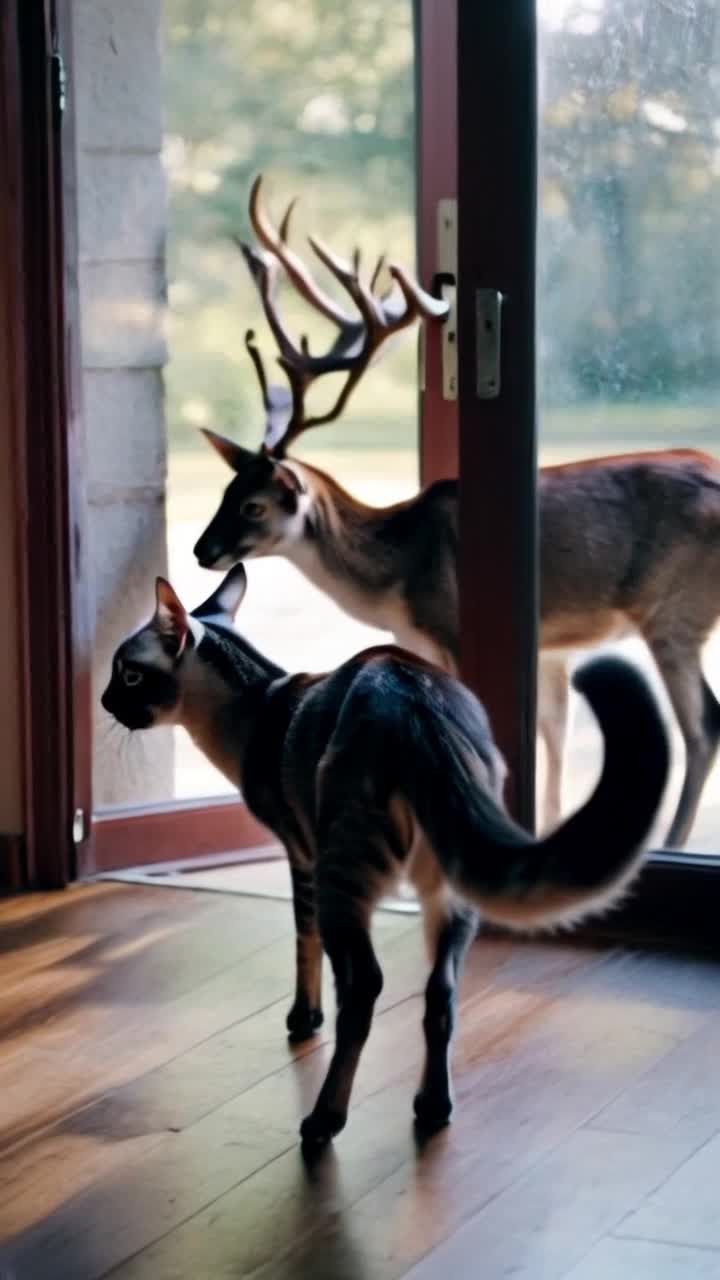 siamese cat roaming the house with a toy mouse in her mouth she walks to the glass door and sees 2 deer looking in she drops the mouse out of her mouth and stares at the deer