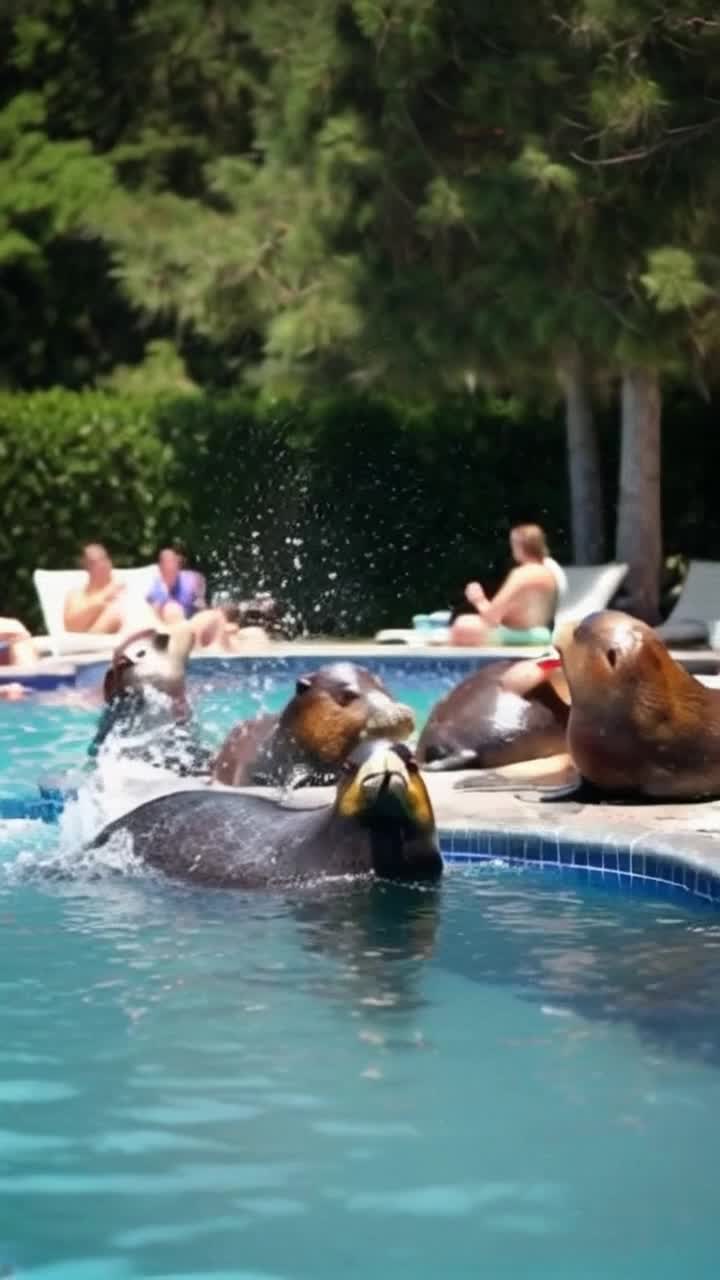 Playful walruses lounging by shimmering pool sipping vibrant cans of salty potato soda splashes of fizz dancing in warm sunlight bursts of laughter weaving through bright green trees aromatic summer barbecues wafting enticing scents nearby as golden sun descends painting sky in warm hues smiles widening with every refreshing sip joyful conversations sparking camaraderie magical moments turning ordinary gathering into extraordinary celebration joy radiating from sunkissed faces
