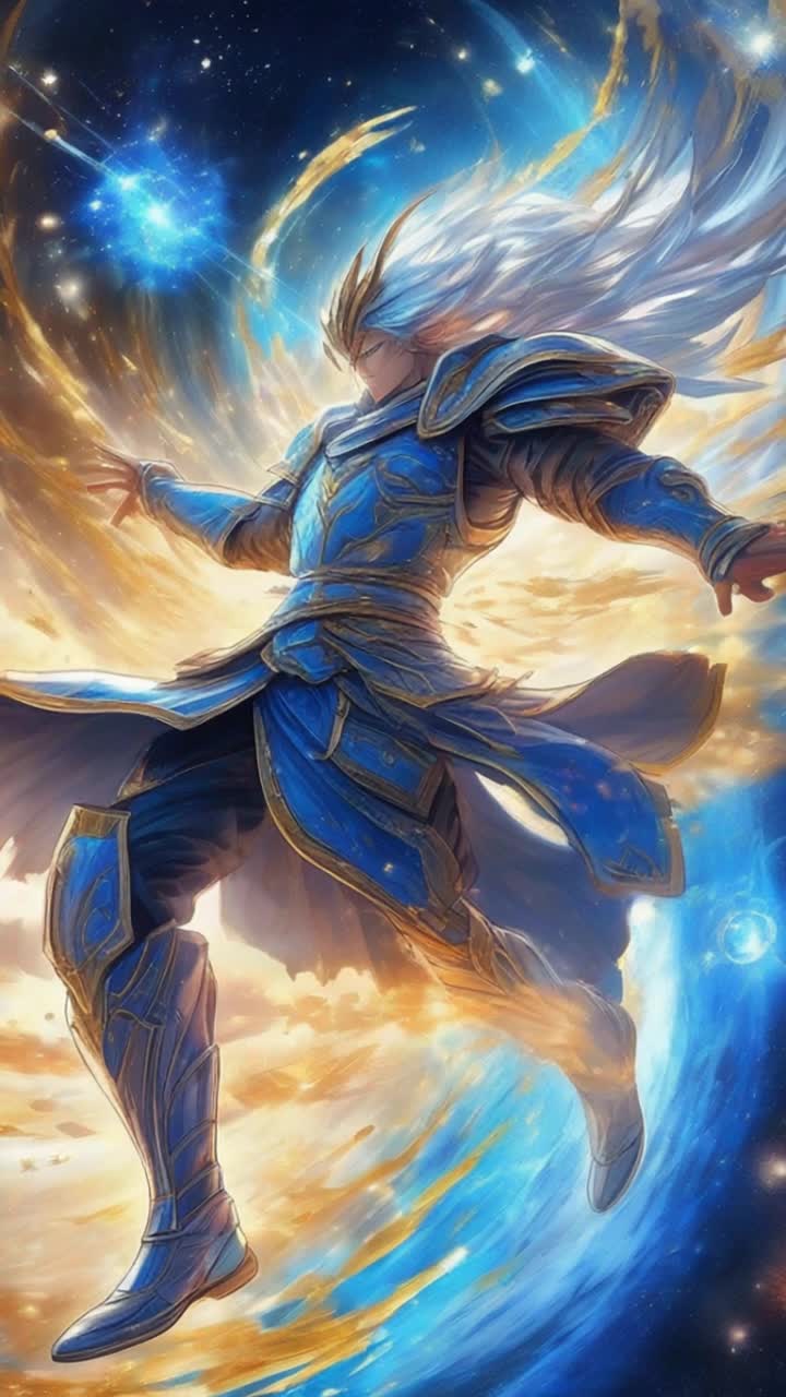 Powerful warrior soaring through cosmic expanse emanating shimmering blue particles with every leap unleashing a shockwave of energy rippling through stardust-laden air drawing nearer to magnificent glowing throne pulsating with radiant energy surrounded by swirling galaxies and celestial bodies gleaming like diamonds
