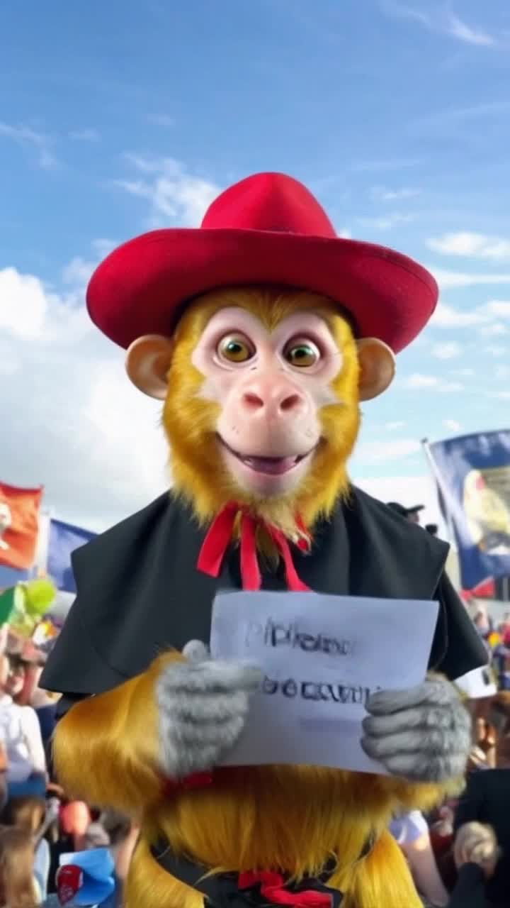 Colorful monkey with exaggerated facial features smirking mischievously gesturing with oversized hands signing mock ballots Surrounding vibrant political rally filled with enthusiastic supporters waving banners confetti swirling in vibrant colors under a bright sunlit sky