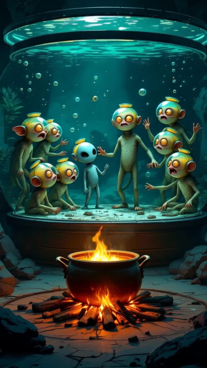 Anime animated, seamonkeys in aquarium are gawked at by little gray space alien filled  fish people wearing fish bowl helmets as they tap on the glass and sing amazing grace, jarring the seamonkeys in horror, there is a big pot in the background that is set over a campfire on the floor of a ruins of a church that closely resembles the setup inside the seamonkeys aquarium