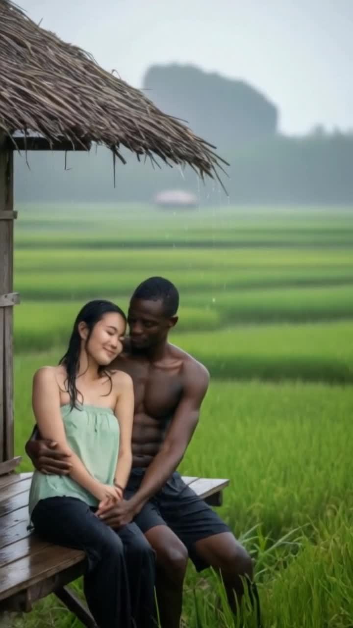 heavy rain, man massages woman gently