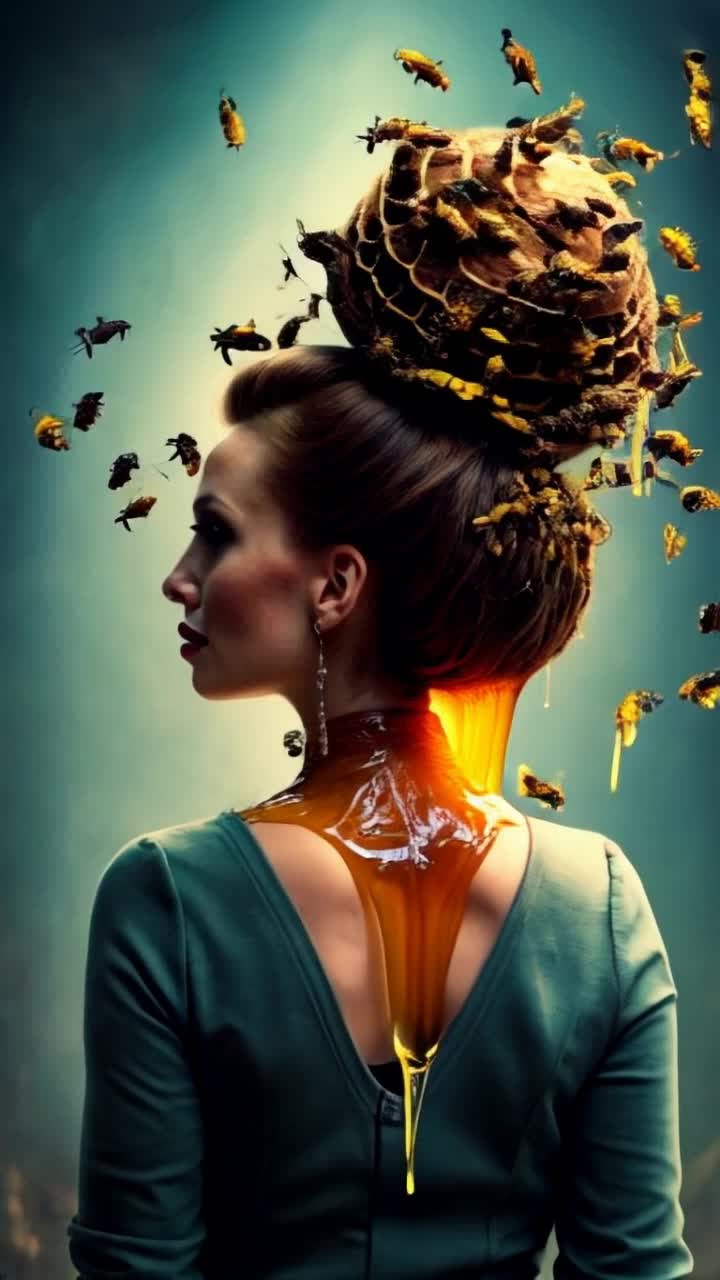 1960s woman mod style, towering beehive hairdo withhoney bees nesting, bees flying all around woman, honeycomb oozing honey from hairdo, surreal and awe inspiring 