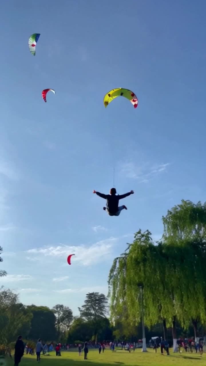 Small boy with mischievous grin leaps into air, arms outstretched, vibrant kites dancing above in azure sky, exhilarating thrill of flight surrounds, lush green park bustling with laughter and joy, gentle breeze rustling through leafy trees, sunlight filtering through, casting playful shadows on soft grass