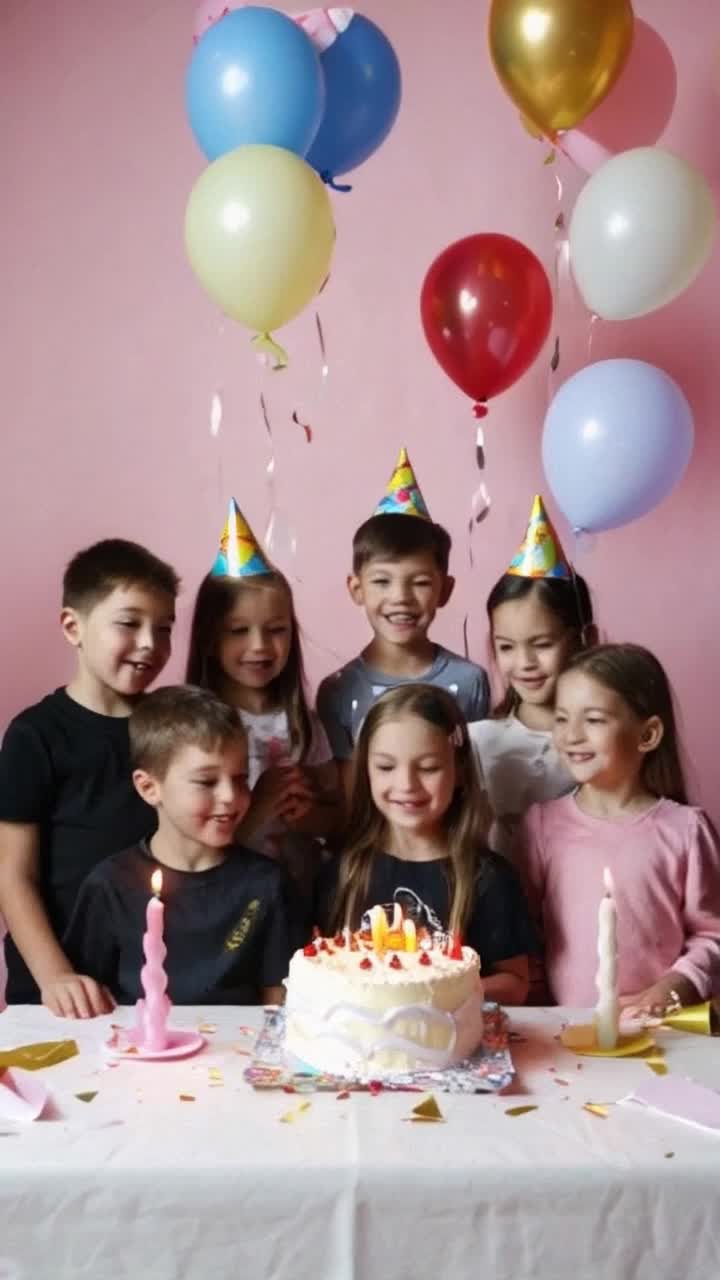 Colorful balloons in various shapes and sizes float joyfully above an excited group of children with wide smiles on their faces as they beam with joy Confetti rains down in a vibrant explosion of colors creating a festive atmosphere filled with giggles and laughter A beautifully decorated cake adorned with candles sits on a big table surrounded by cheerful decorations in a bright, sunlit backyard filled with colorful streamers and party hats