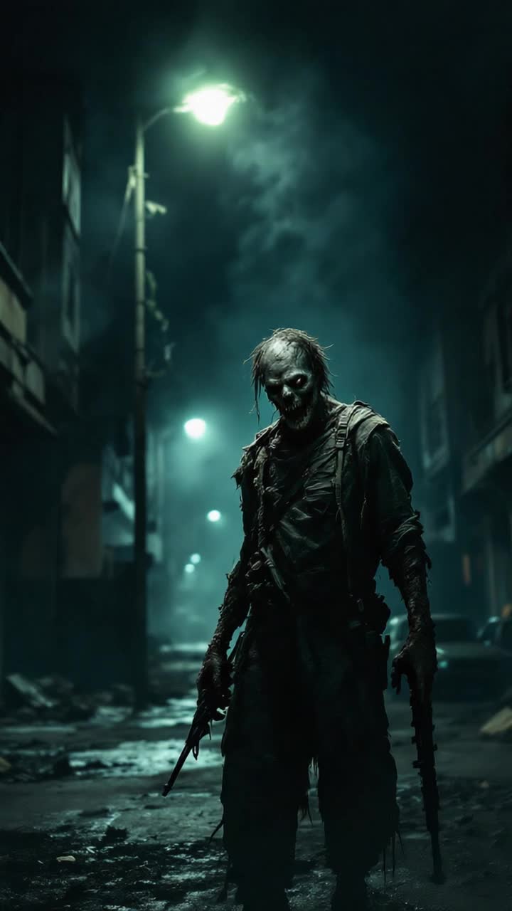 Grotesque zombie with tattered shirt, pants and rotting skin stands menacingly under a flickering streetlight while a sharp pop resonates in the night air A soldier with focused determination raises a rifle steadying his aim amidst swirling mist and shadows creating an atmosphere of tension in a deserted urban landscape filled with abandoned cars and shattered windows