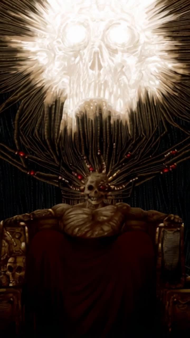Dark cosmic horror scene of the skull god king of mankind, a biomechanical god formerly known as the most powerful human psyker to ever exist, possessing nearomnipotence, omniscience, and omnipresence His powers include manipulating the Warp, wielding potent psychic abilities, and possessing a genius level intellect through PSYOP of his empires many spillways that fuel the imperium of mankind in the year 40k