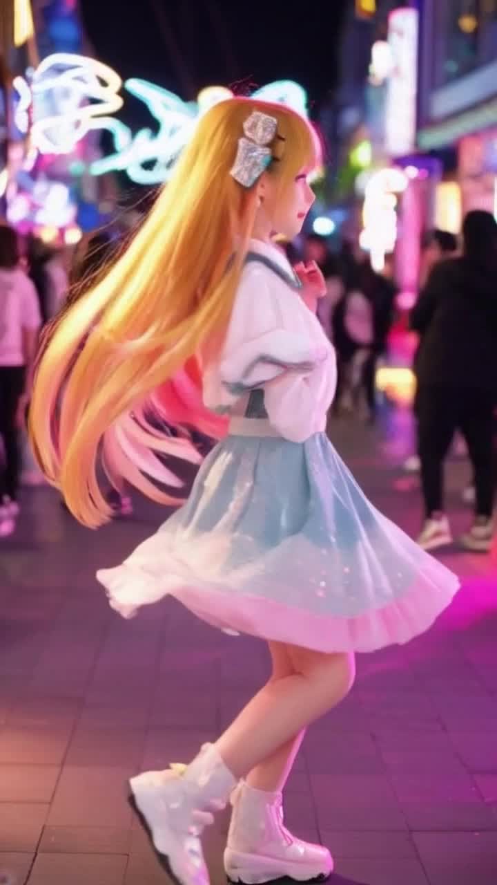 Charming anime girl with flowing golden hair sparkling eyes twirling joyfully Embracing vibrant dance moves radiating energy Street illuminated by dazzling neon lights bustling urban atmosphere filled with rhythmic beats Trendy outfits swirling around capturing playful spirit of youth