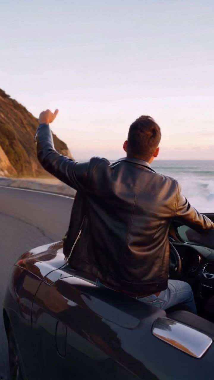 Man in a leather jacket balanced atop a sleek convertible cruising down a winding coastal road catching the warm sunlight in his hair Wind whipping through his hair as he raises one arm triumphantly embodying freedom and adventure Vibrant blue ocean waves crashing against rugged cliffs under a sky painted in soft pastels of dusk