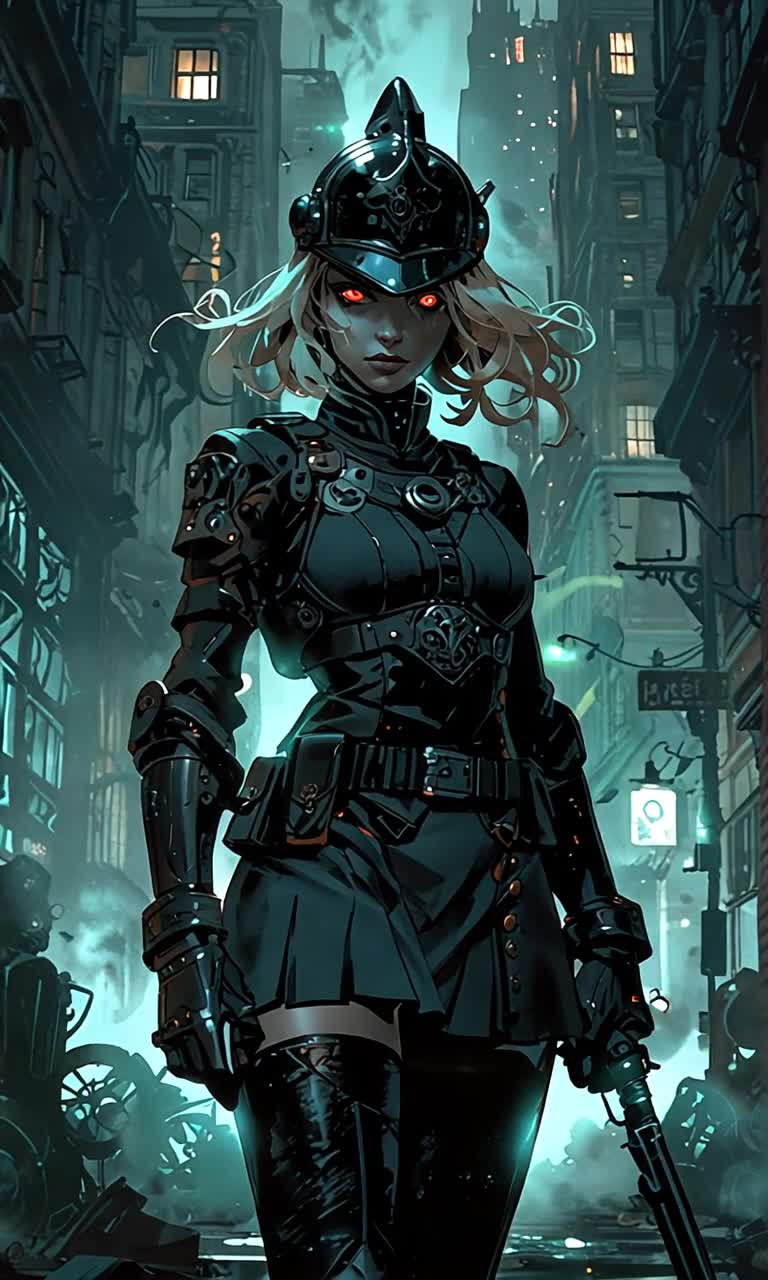Determined woman gripping sleek weapon gliding through dimly lit alleyway stalking suspect with calculated precision exuding confidence like a predator navigating shadows caressing brick walls flickering streetlights casting eerie shadows on wet pavement city sounds echoing in distance tension building as she silently moves vibrant neon signs reflecting off puddles creating surreal atmosphere of suspense
