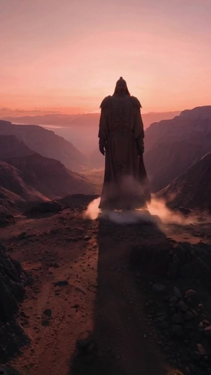 Colossal figure towering above landscapes casting enormous shadows on terrain  Mighty footsteps thundering against earth stirring up clouds of dust  Lush green valleys stretching into the distance contrasting with towering mountains kissed by sunrise hues