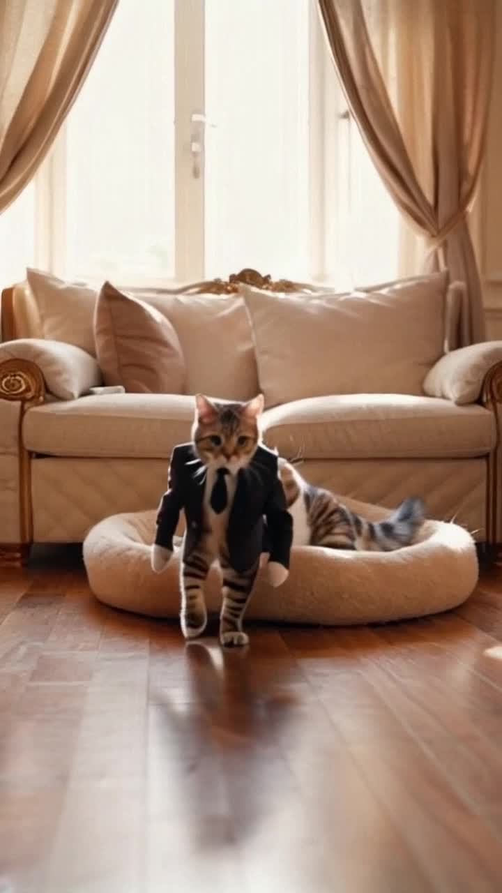 Whimsical feline donning a tailored uniform with shiny buttons and a miniature tie struts confidently across a polished wooden floor radiating charisma and charm Sunlight filters through large bay windows casting playful shadows that dance around the room Soft classical music plays in the background enhancing the sophisticated atmosphere filled with plush cushions and elegant decor and then the cat takes the dreadful costume off, please and thank you that the cat removes the uniform to relax in a cozy beige cat bed in a sunny window bench