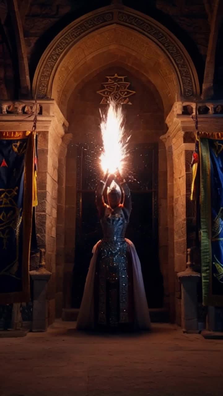 Majestic Princess of Spades adorned in glittering armor unleashes her fierce power radiant spade symbol bursts into the air illuminating shadows of a darkened throne room enemies cower in awe as dazzling light engulfs the space intricate patterns dance along stone walls ancient banners flutter with energy showcasing victory over darkness