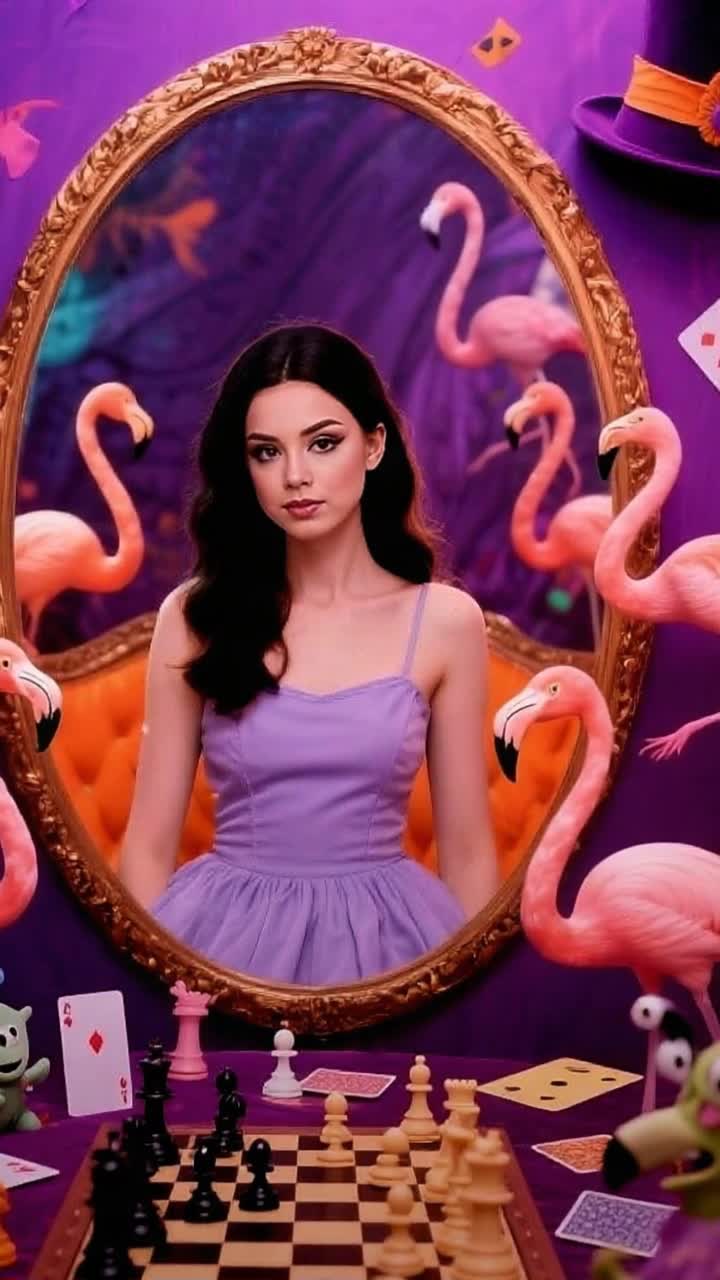 Elegant woman in flowing silk gown gazing intently into ornate gilded mirror Gracefully pirouetting pink pelicans strutting playfully across polished marble floor Sunlight filtering through grand arched windows casting soft reflections on colorful feathers Vibrant floral arrangements dotting the scene adding a touch of natures charm Rich pastels blending harmoniously with opulence of gold accents enveloping the atmosphere in a dreamy ambiance