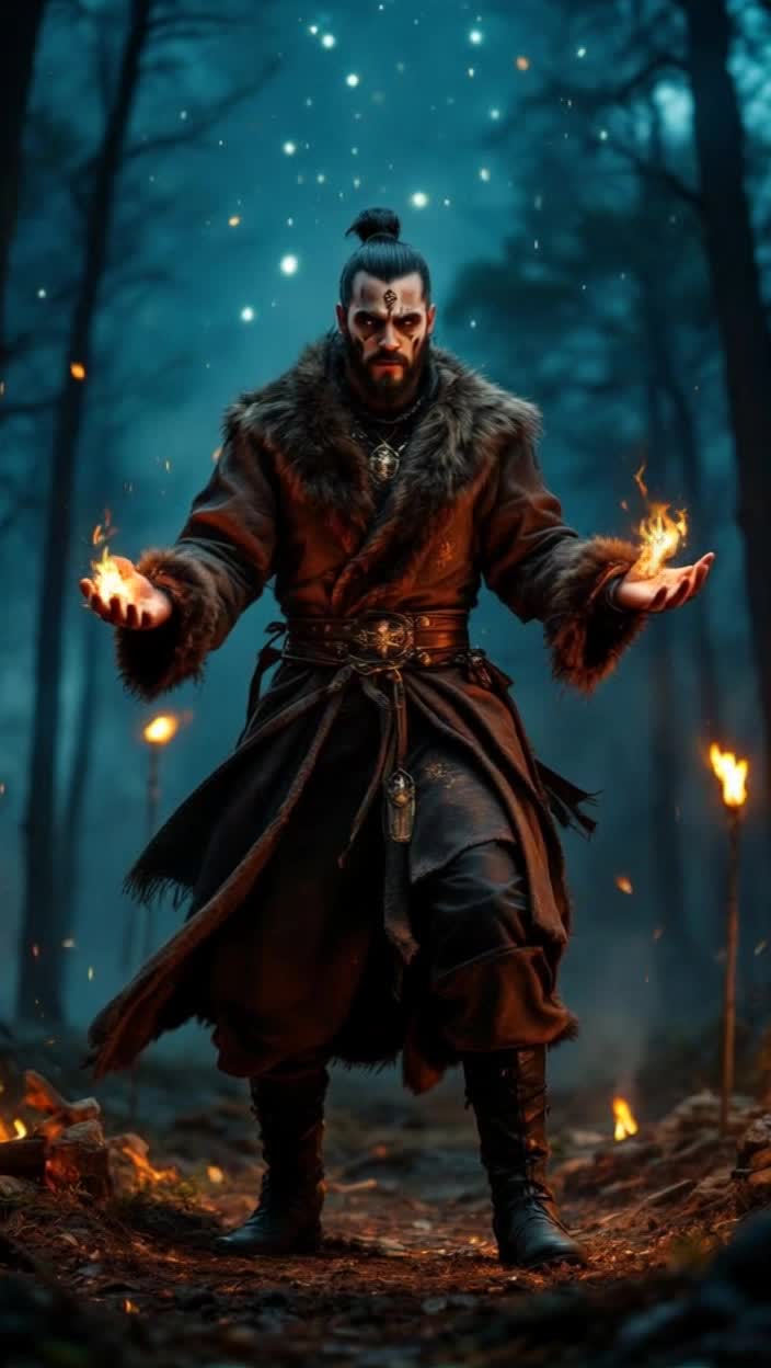 An epic portrait of a Cossack warrior performing a magical dance during a night ritual, in the style of historical fantasy Photorealism, 16th century detailing