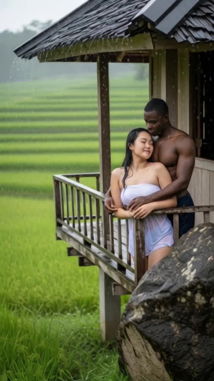 heavy rain, man hugs woman tightly romantically
