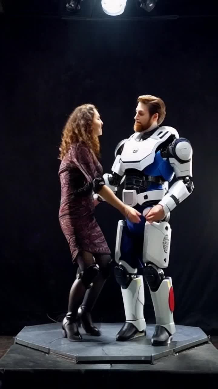 2Characters 1 female robot and 1 human man  1 female robot humanoid, resembles human woman with machine joints and some wires visible slow dancing in the arms of a human man attractive, short brown hair, goatee A spotlight shines down on them as they dance around the empty dance floor 