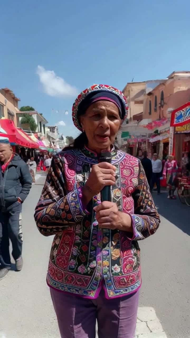 Elderly Mexican woman dressed in traditional colorful attire sunbleached and weathered with intricate patterns holding a small microphone passionately speaking to passersby under a blazing sun seeking a refreshing drink of beer to beat the heat Busy bustling street filled with vibrant market stalls vibrant papel picado fluttering in the warm breeze lively chatter of pedestrians enjoying their day under a clear blue sky
