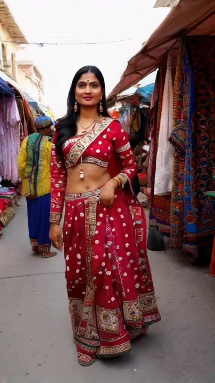 Confident Indian woman radiating charm and allure showcasing an exquisite traditional outfit accentuating her elegance radiating empowerment Strutting gracefully with a playful twirl inviting admiration from onlookers Vibrant market scene filled with colorful textiles and lively street vendors enhancing cultural richness around her