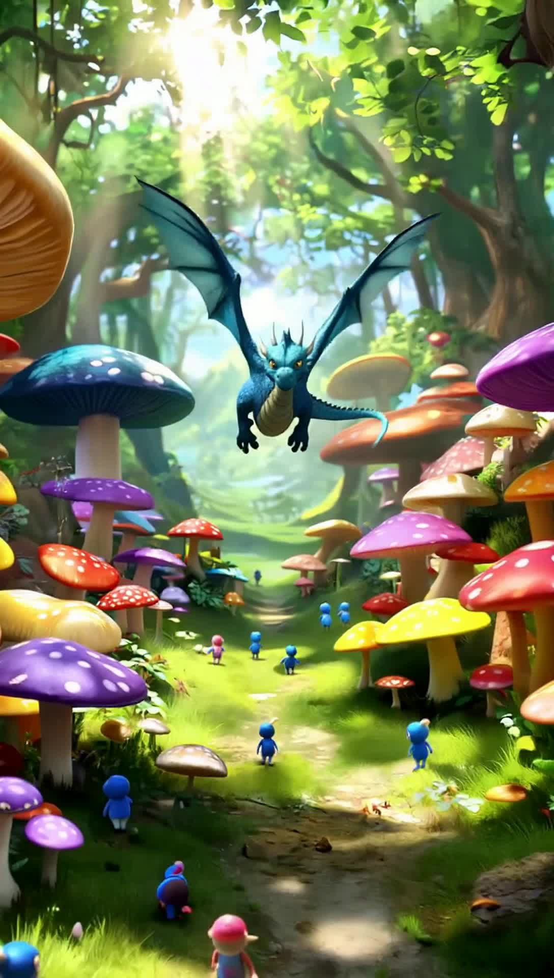 Majestic azure dragon gliding gracefully above vibrant mushroom forest shimmering under sunlight, Tiny blue smurfs scampering playfully among oversized colorful fungi, Dragon swooping down with powerful wings creating a gust of wind, Sunbeams filtering through leafy canopies casting enchanting patterns on the forest floor, Mushrooms in various sizes creating a whimsical scenery full of life, Soft rustling of leaves mingling with joyous laughter of smurfs echoing, Dragons scales glistening like sapphires as it prepares for capture in this magical realm bursting with color and adventure