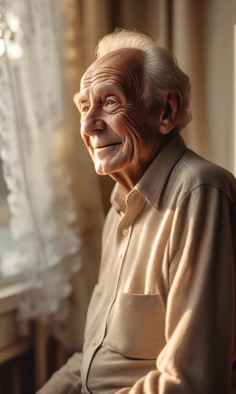 Elderly man with deeply etched wrinkles radiates warmth smiles gently at camera bright eyes sparkling with wisdom cozy room filled with soft golden light vintage photographs adorning walls capturing memories delicate lace curtains fluttering in a gentle breeze inviting atmosphere of nostalgia and serenity