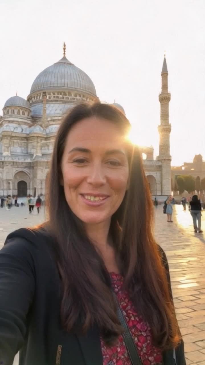 Fashionable woman influencer holding selfie camera with radiant smile speaking to audience Golden hour sunlight illuminating scene enhancing her warmth captivating surroundings Grandiose Hagia Sophia featuring majestic domes and minarets detailed in background Tourists wandering and light activity creating authentic vibrant atmosphere