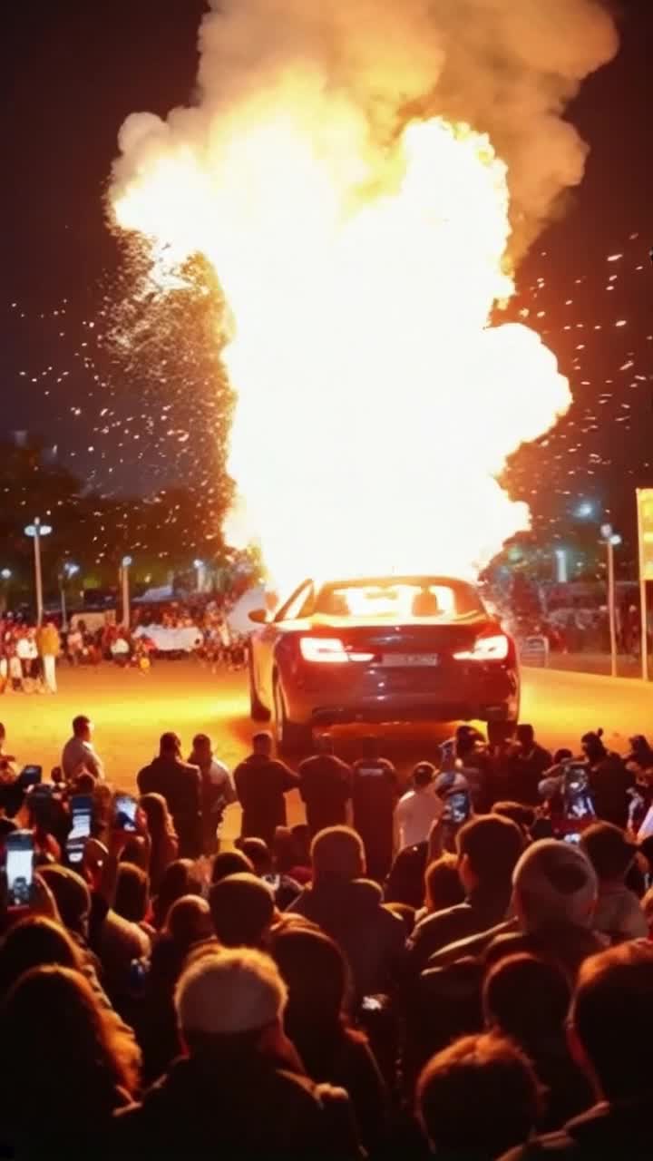 the electric car is bellowing smoke and suddenly explodes like a nuclear detonation sending shrapnel in all directions, the worst USA president is driving the electric car while waving to the crowd who recoils as the electric car detonates in a brilliant fireball, the electric car spews smoke and flame before exploding in an intense fireball that lights up the scene of a crowd amazed by the pyrotechnics, 